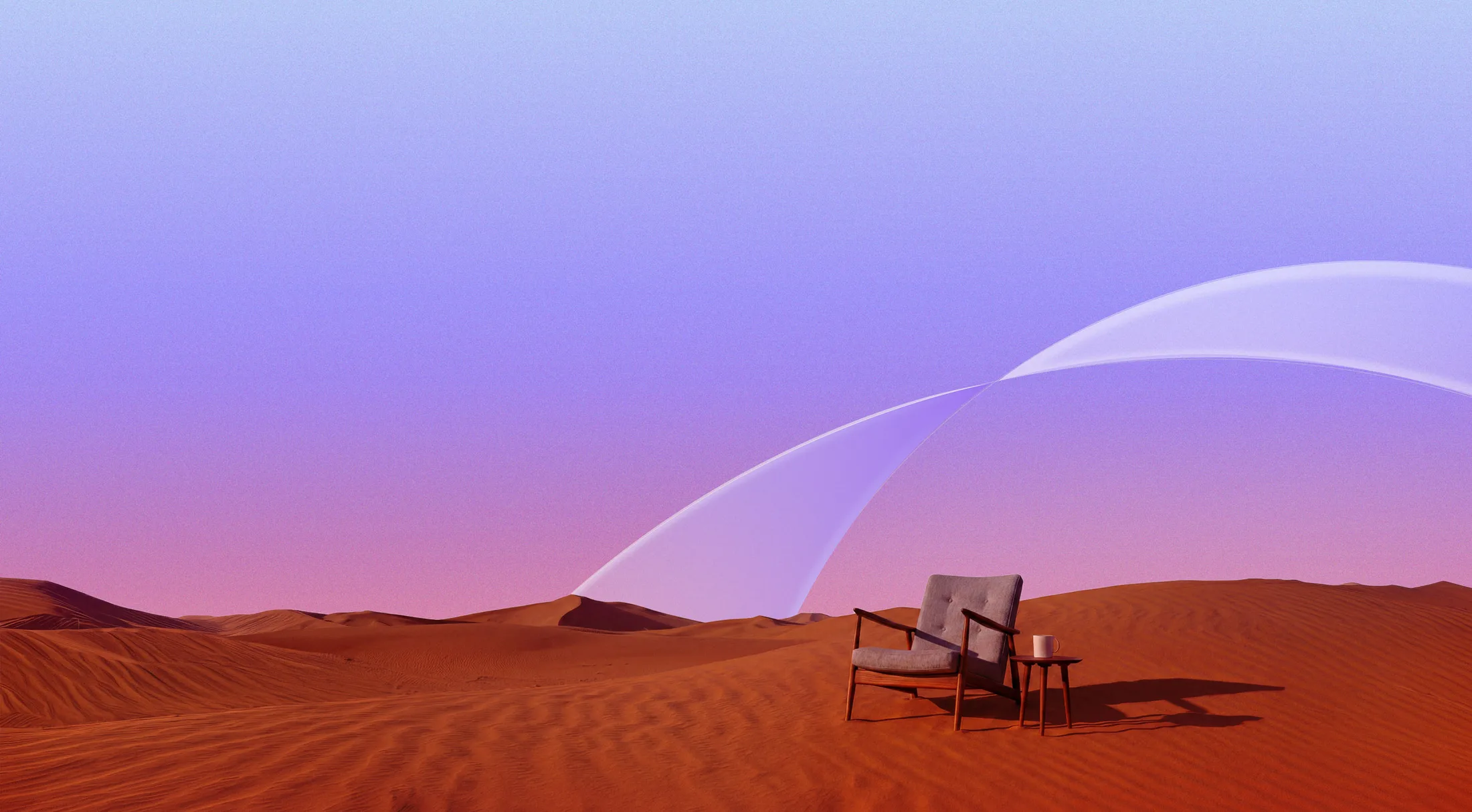 A lone armchair in a calm desert landscape under a lavender sky